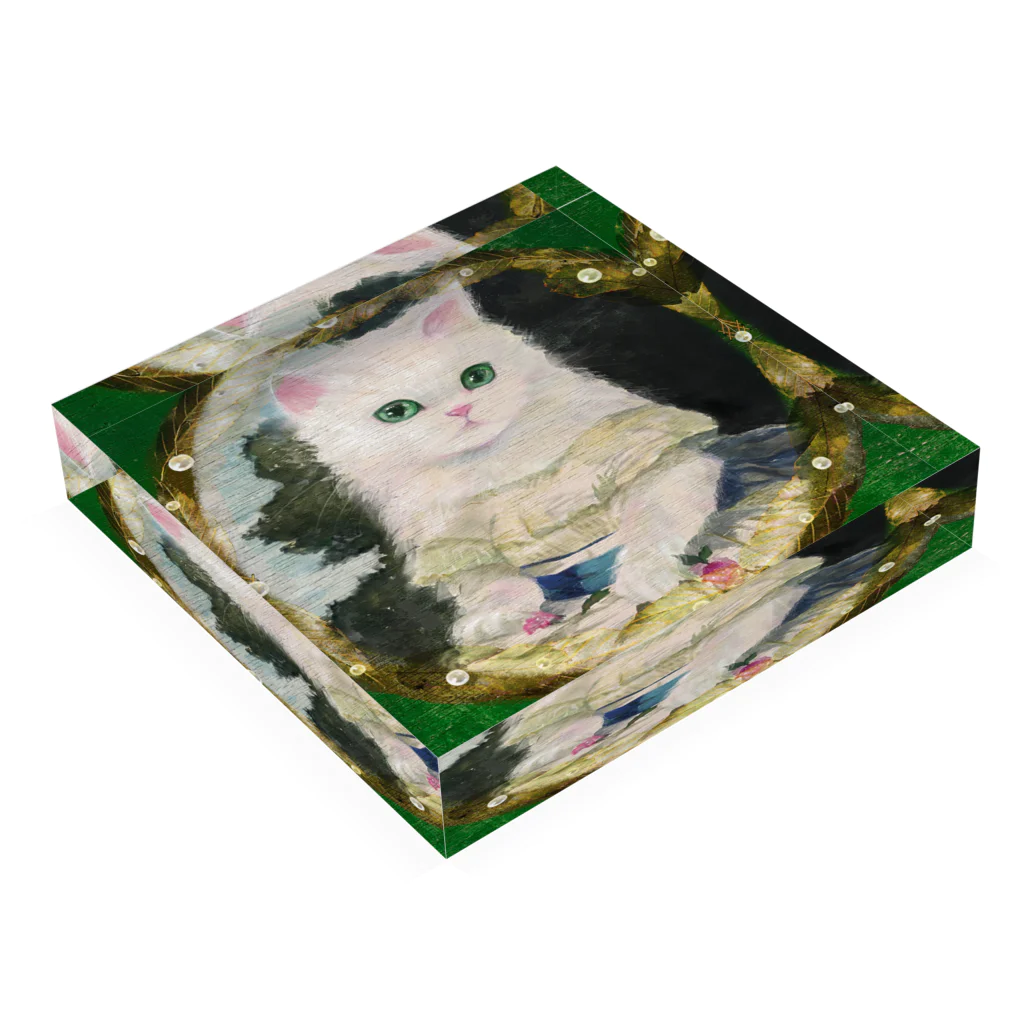 NORIMA'S SHOP のドレスを着た白い子猫のアンティーク風肖像画 Acrylic Block :placed flat