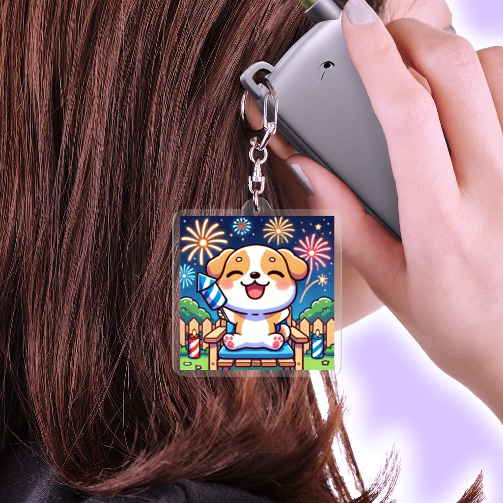 かわいいちびキャラ💛の花火を楽しむちびキャラワンちゃん Acrylic Key Chain