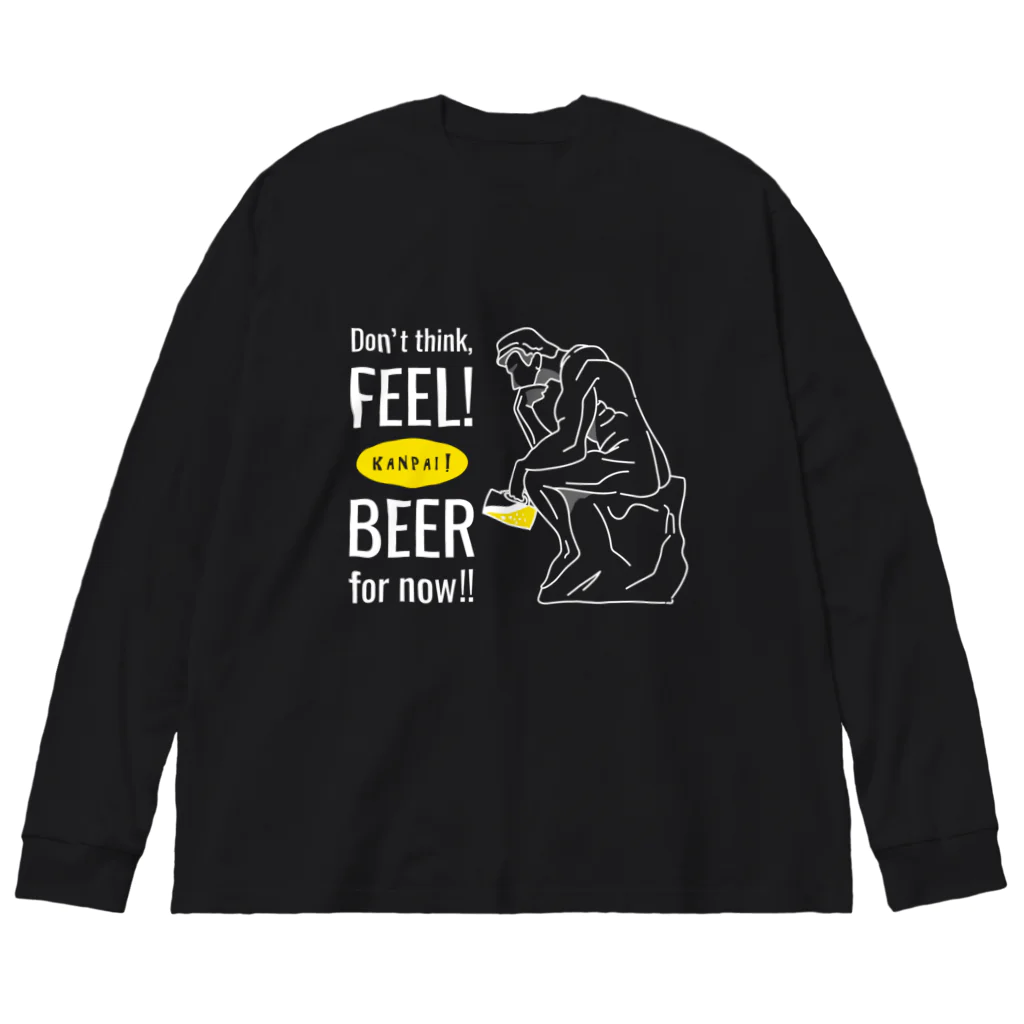 ビールとアート TM-3 Designの彫刻 × BEER（考える人：考えるな、感じろ! とりあえずビール!!）白線画 Big Long Sleeve T-Shirt