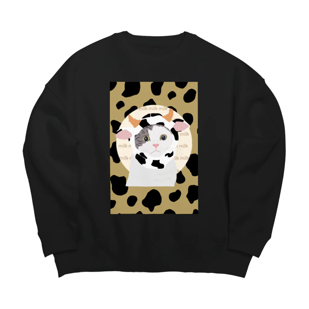 小鳥と映画館の牛柄のネコ 茶 Big Crew Neck Sweatshirt