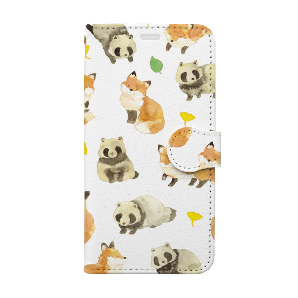 たぬきときつね柄　手帳型ケース 手帳型スマホケース