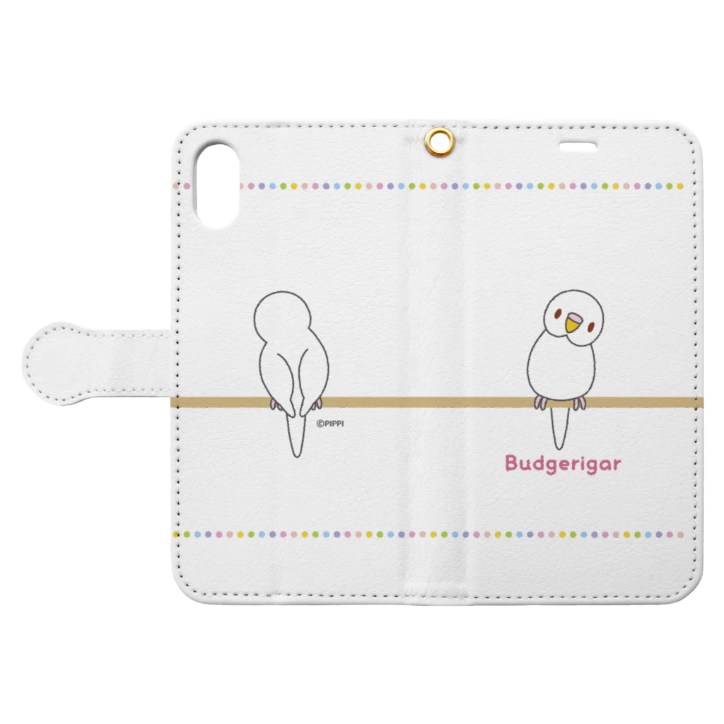 ♢iPhone12mini ケース 手帳型 ホワイト セキセイインコ 花柄 ♢iPhone12mini ケース 手帳型 ホワイト セキセイインコ 花柄