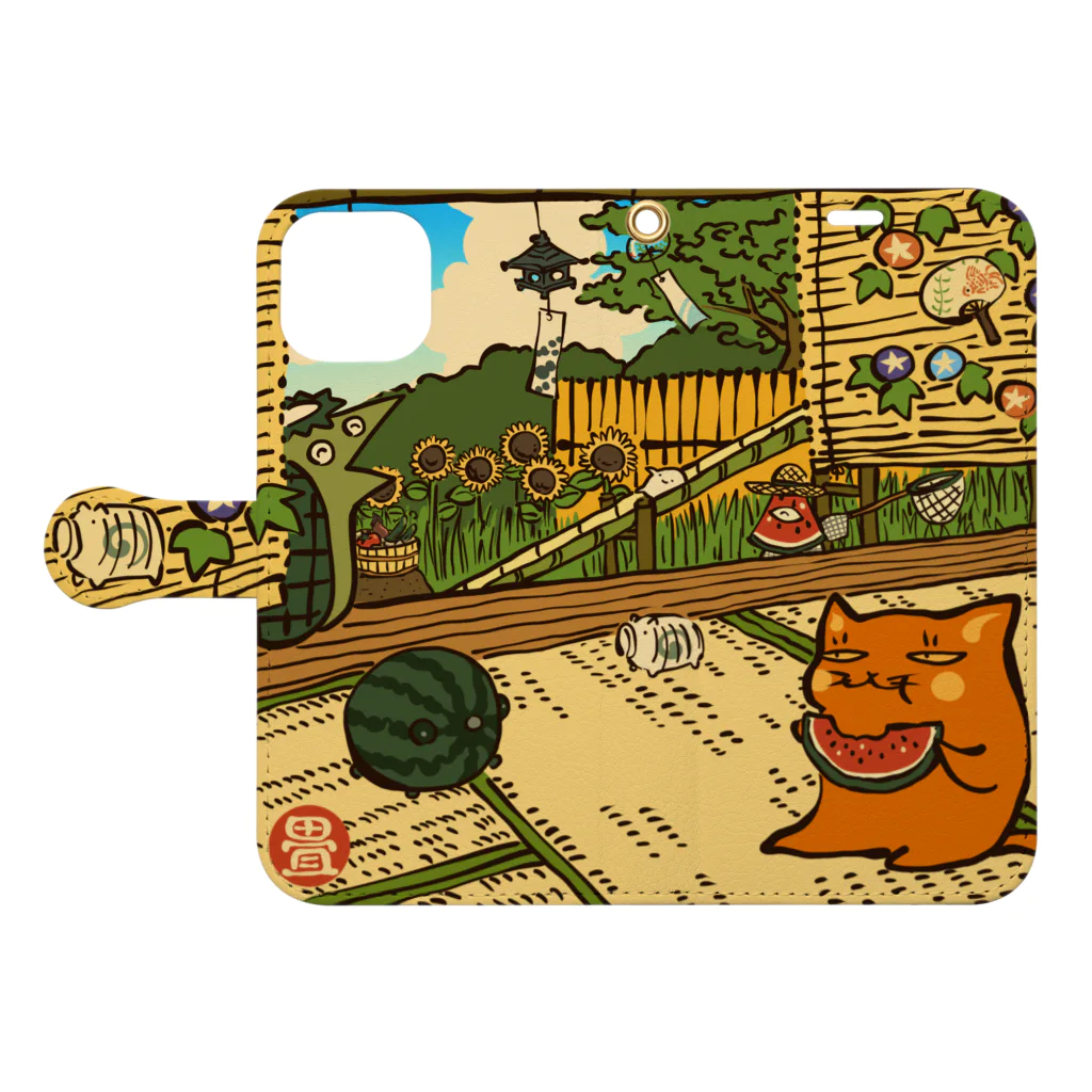 花日和 畳の赤ねこ、夏の縁側にて Book-Style Smartphone Case:Opened (outside)