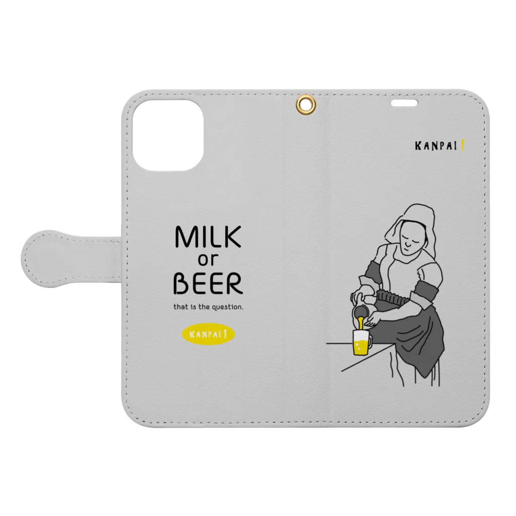 ビールとアート TM-3 Designの名画 × BEER（牛乳を注ぐ女・牛乳かビールか、それが問題だ。）黒線画-淡グレー Book-Style Smartphone Case:Opened (outside)