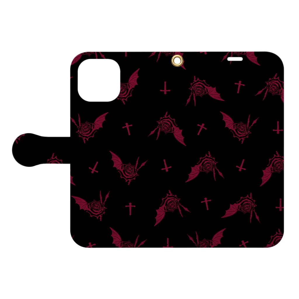 FAN-TANの薔薇を吸う蝙蝠(総柄/レッド) Book-Style Smartphone Case:Opened (outside)