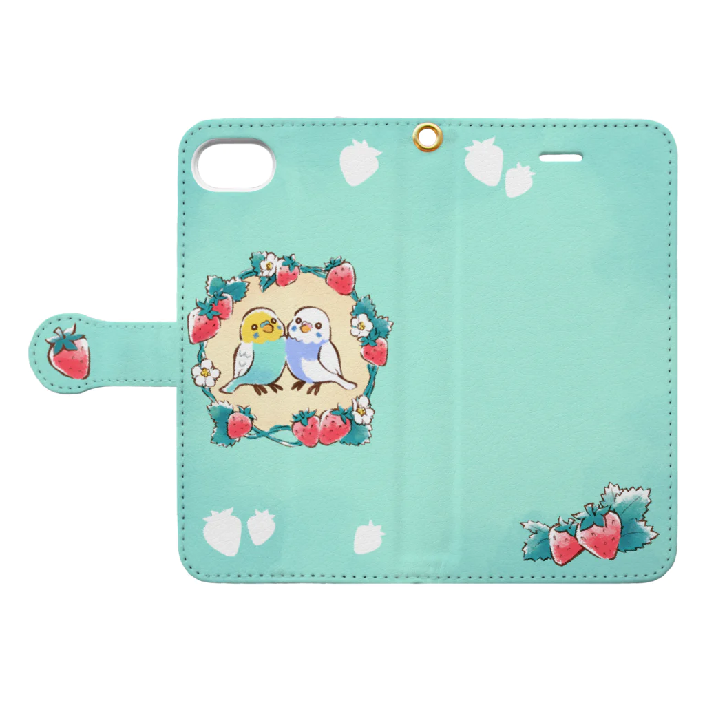 丘ケ𓅫のセキセイインコとイチゴ Book-Style Smartphone Case:Opened (outside)
