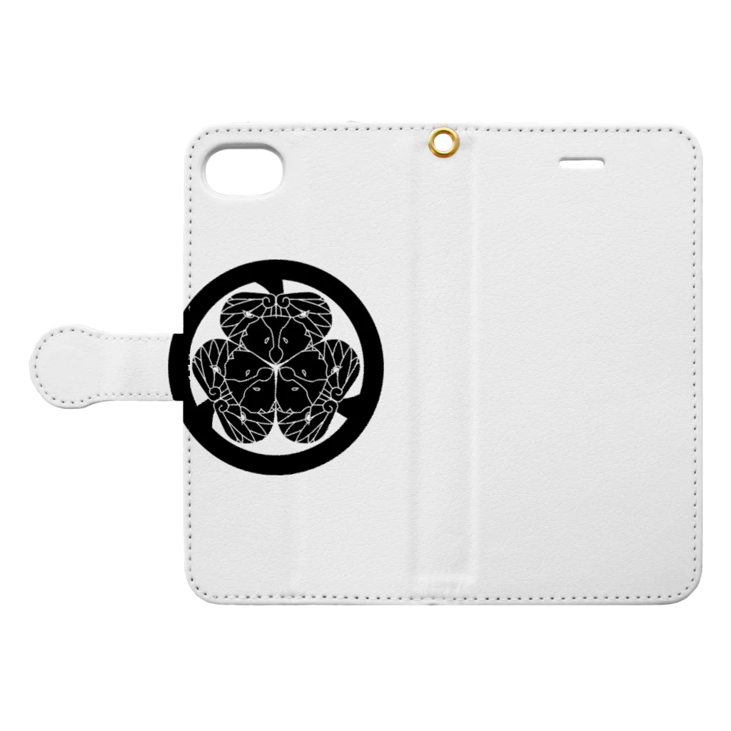 『Nothing Is Real』-- IN SUZURIの動物家紋。H.T.（三つ葉葵ハシビロコウ）黒 Book-Style Smartphone Case:Opened (outside)