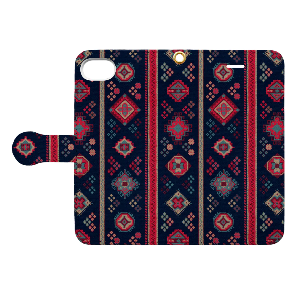 IZANAMI by Akane Yabushitaのコーカサス絨毯・ストライプ（インディゴ） Book-Style Smartphone Case:Opened (outside)