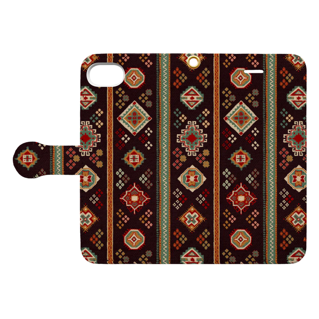 IZANAMI by Akane Yabushitaのコーカサス絨毯・ストライプ（ウォルナッツ） Book-Style Smartphone Case:Opened (outside)
