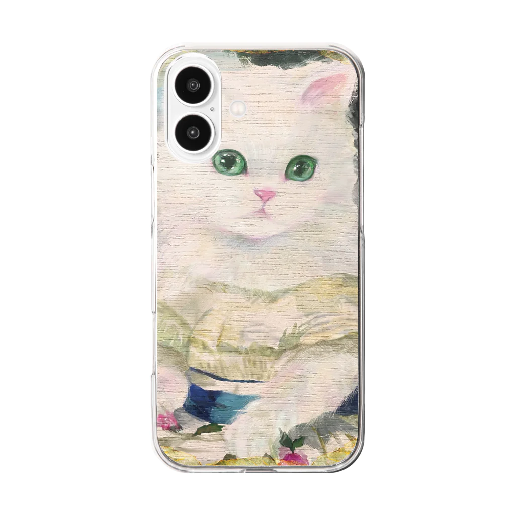 NORIMA'S SHOP のドレスを着た白い子猫のアンティーク風肖像画 Clear Smartphone Case