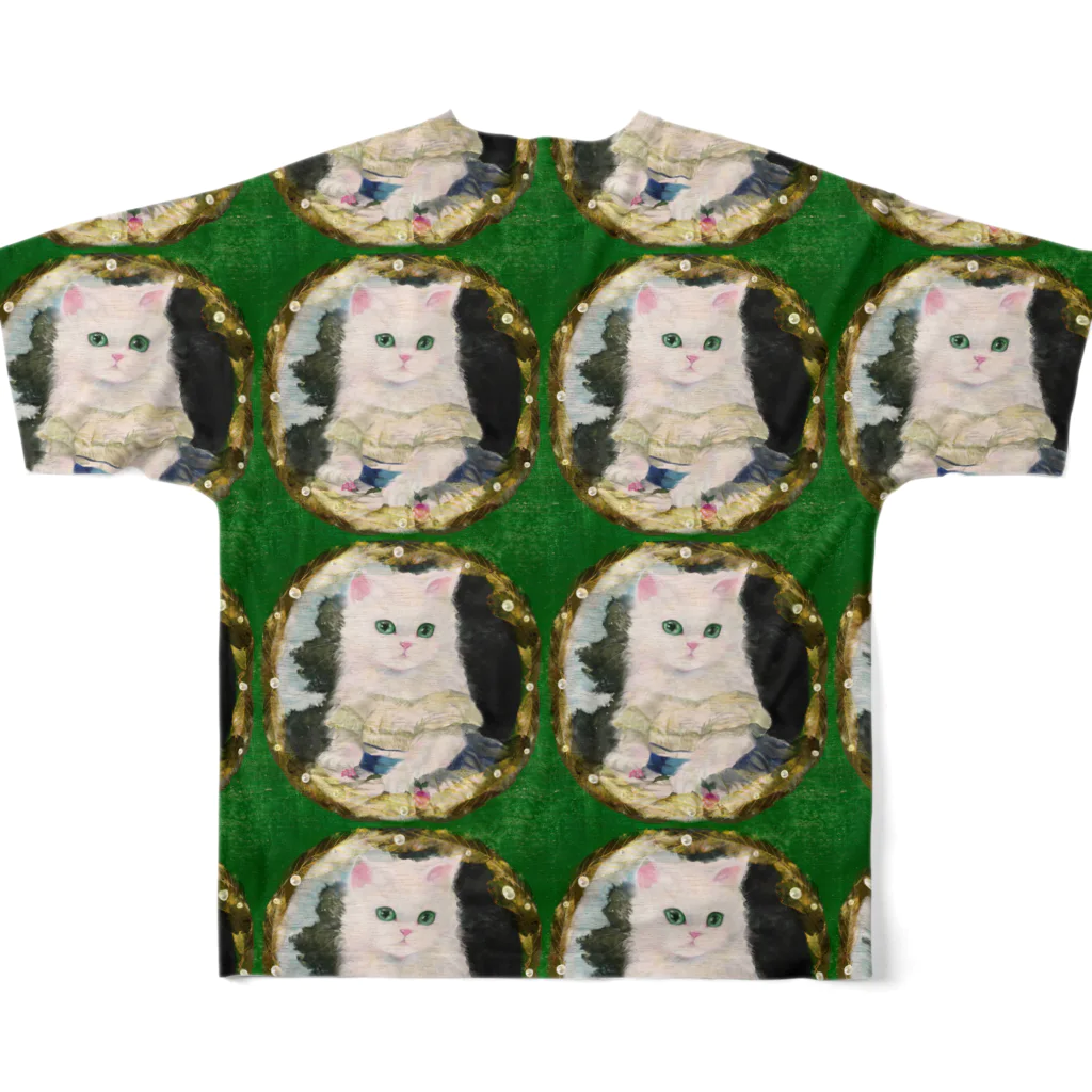 NORIMA'S SHOP のドレスを着た白い子猫のアンティーク風肖像画 All-Over Print T-Shirt :back