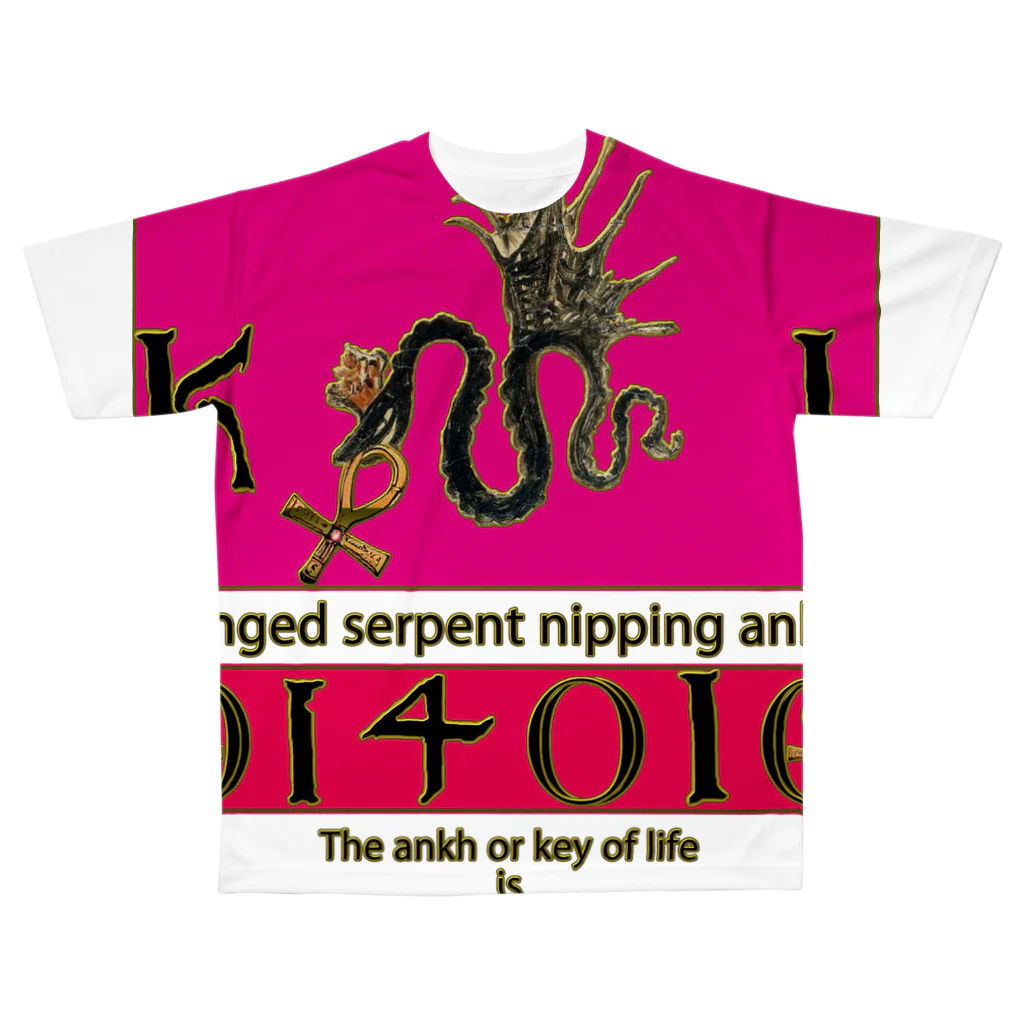 PALA's SHOP　cool、シュール、古風、和風、ねこ、ワンちゃん、ウサギさん、野鳥。のアンクを銜えた翼のある蛇-03 All-Over Print T-Shirt