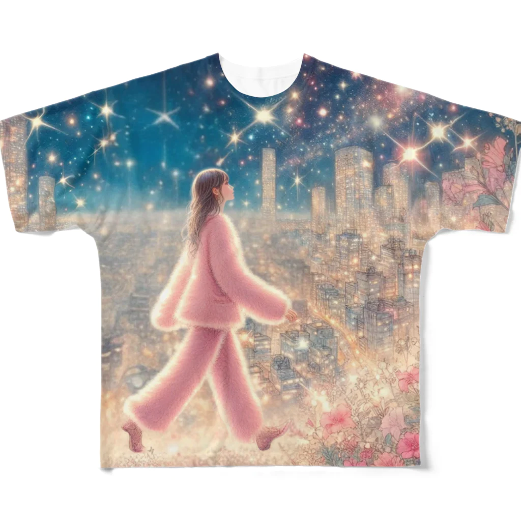 すのこのこ×にーぶ7の夜のパジャマ散歩～きらめく都会バージョン All-Over Print T-Shirt
