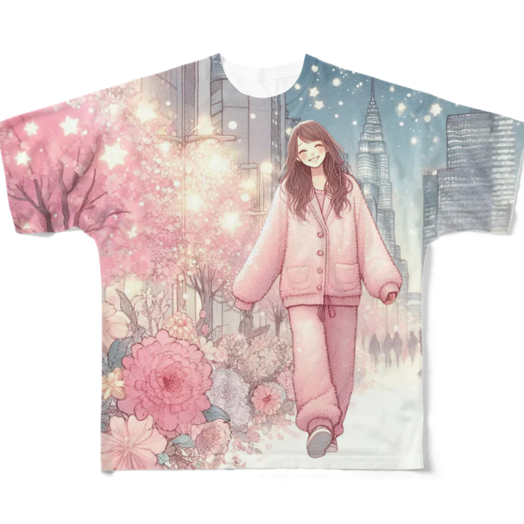 すのこのこ×にーぶ7の夜のパジャマ散歩～にこにこ都会散歩バージョン All-Over Print T-Shirt