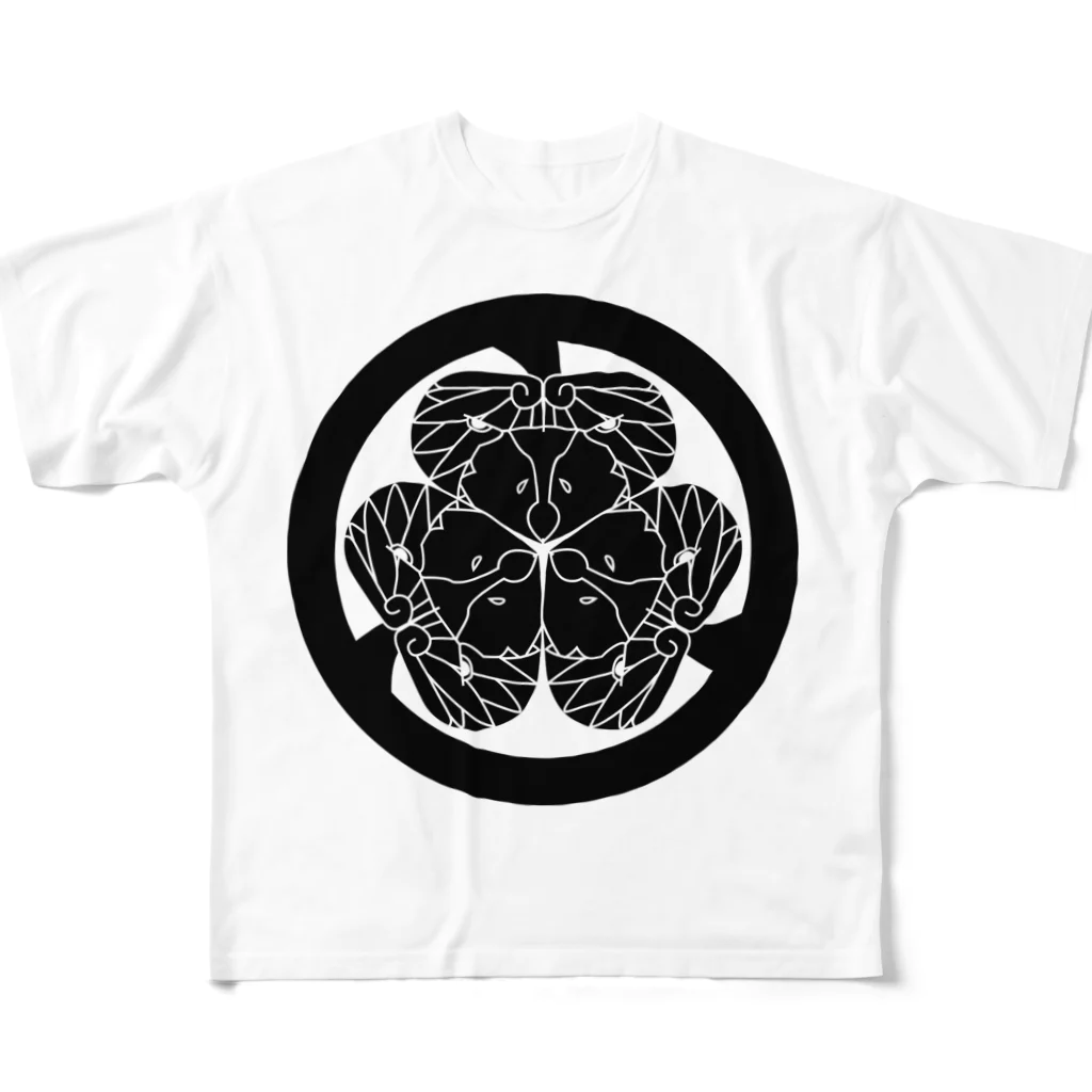 『Nothing Is Real』-- IN SUZURIの動物家紋。H.T.（三つ葉葵ハシビロコウ）黒 All-Over Print T-Shirt