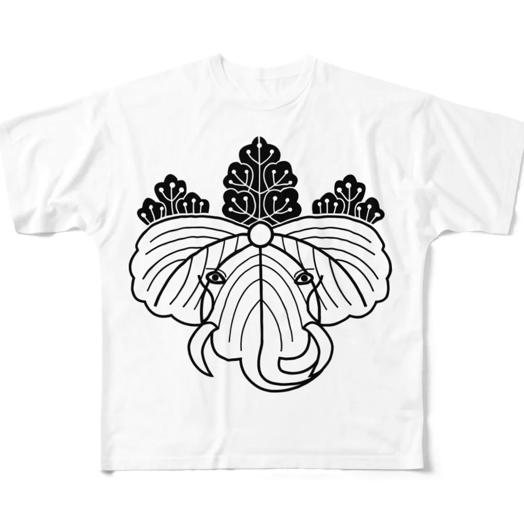 『Nothing Is Real』-- IN SUZURIの動物家紋。H.T.（桐にゾウ）黒 All-Over Print T-Shirt