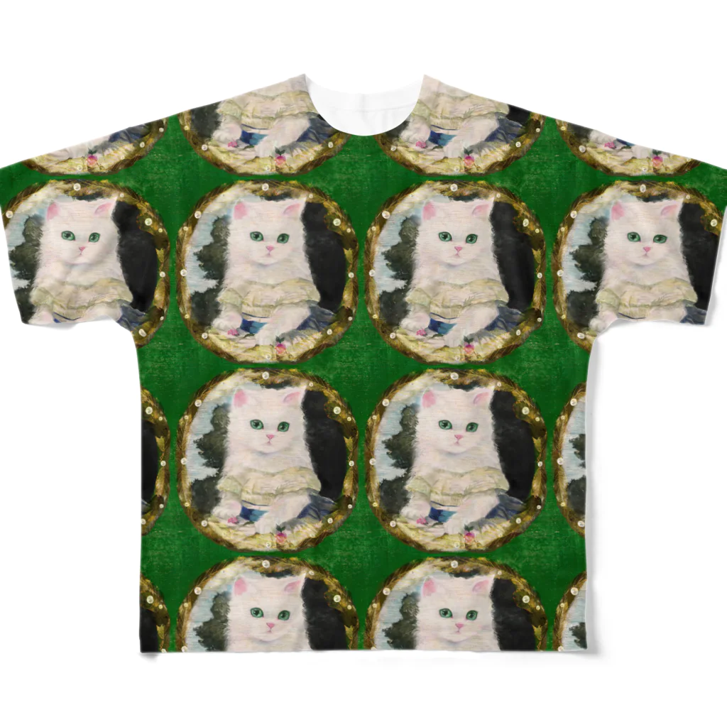 NORIMA'S SHOP のドレスを着た白い子猫のアンティーク風肖像画 All-Over Print T-Shirt