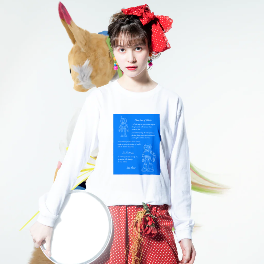 mirinconixのアシモフのロボット3原則とロボットの落書き  セルリアンブルー Long Sleeve T-Shirt :model wear (front)