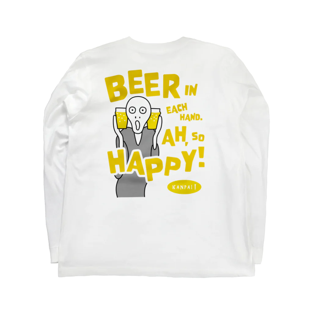ビールとアート TM-3 Designの【バックプリント】ムンクの叫び×BEER（両手にビール。あ～幸せ！）/黒線画 Long Sleeve T-Shirt :back