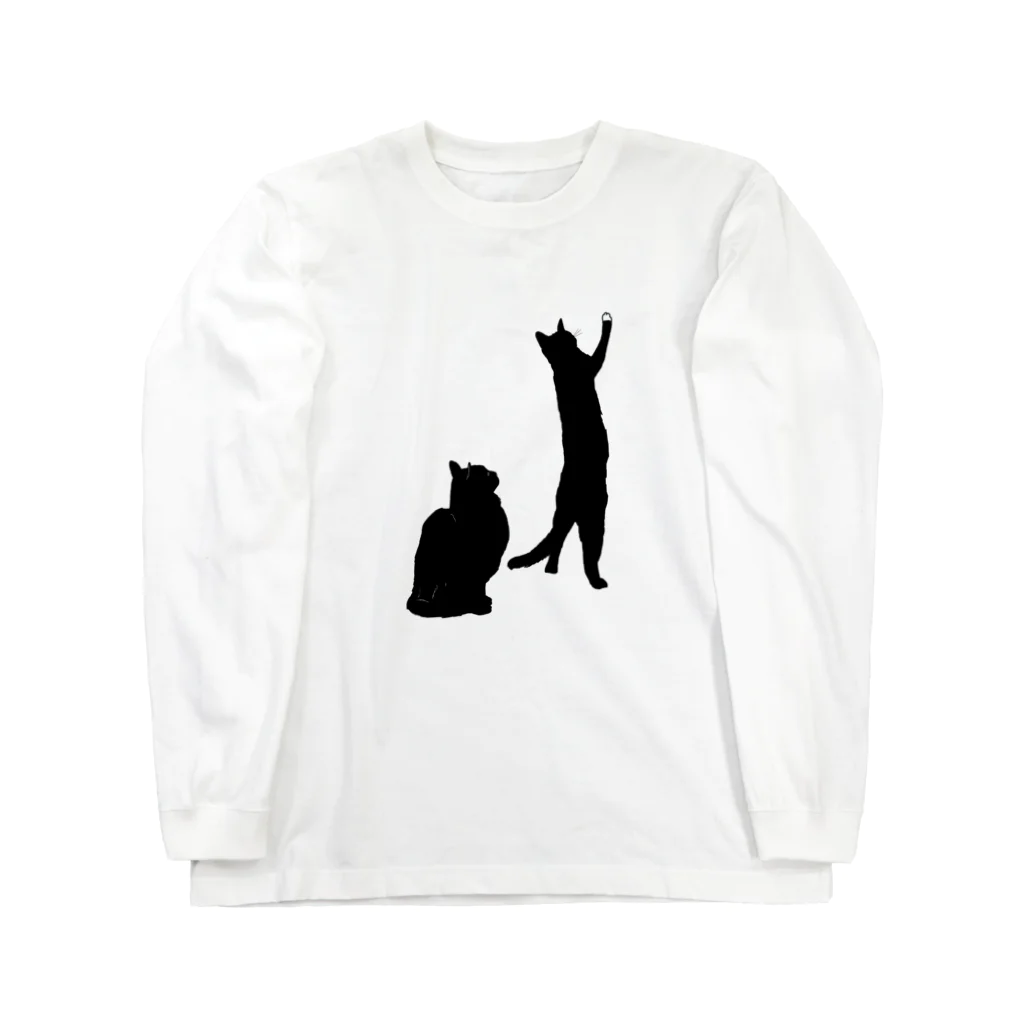 小鳥と映画館の何かを見つめる黒猫たち Long Sleeve T-Shirt