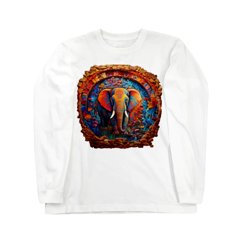 Usaursの神秘の象 - カラフルモザイクアート エスニック長袖Tシャツ Long Sleeve T-Shirt
