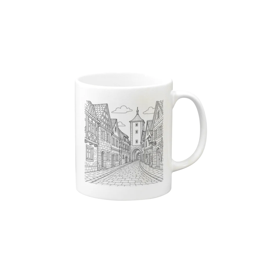 アウルフの「中世の街角」 – ヨーロッパ風の美しい町並み Mug :right side of the handle