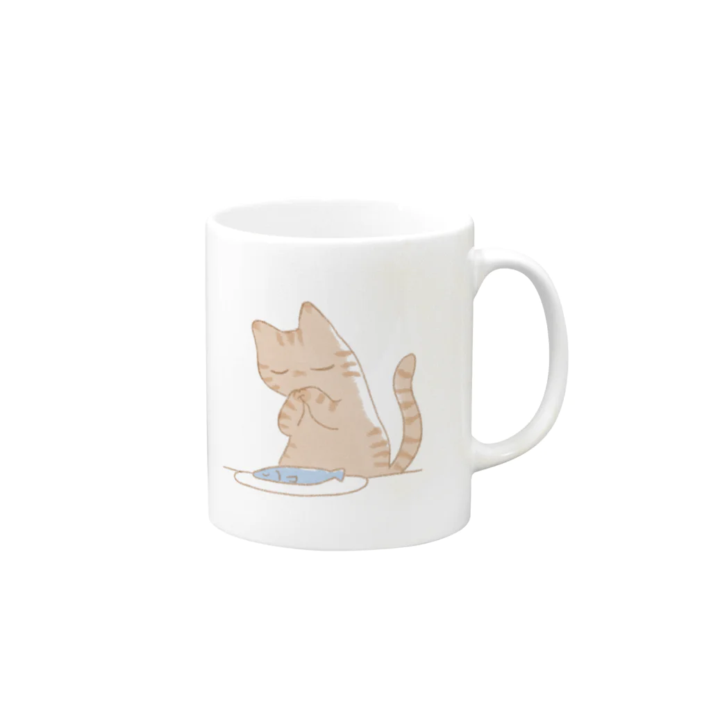 おいしいごはん屋のいただきますねこ・茶 Mug :right side of the handle
