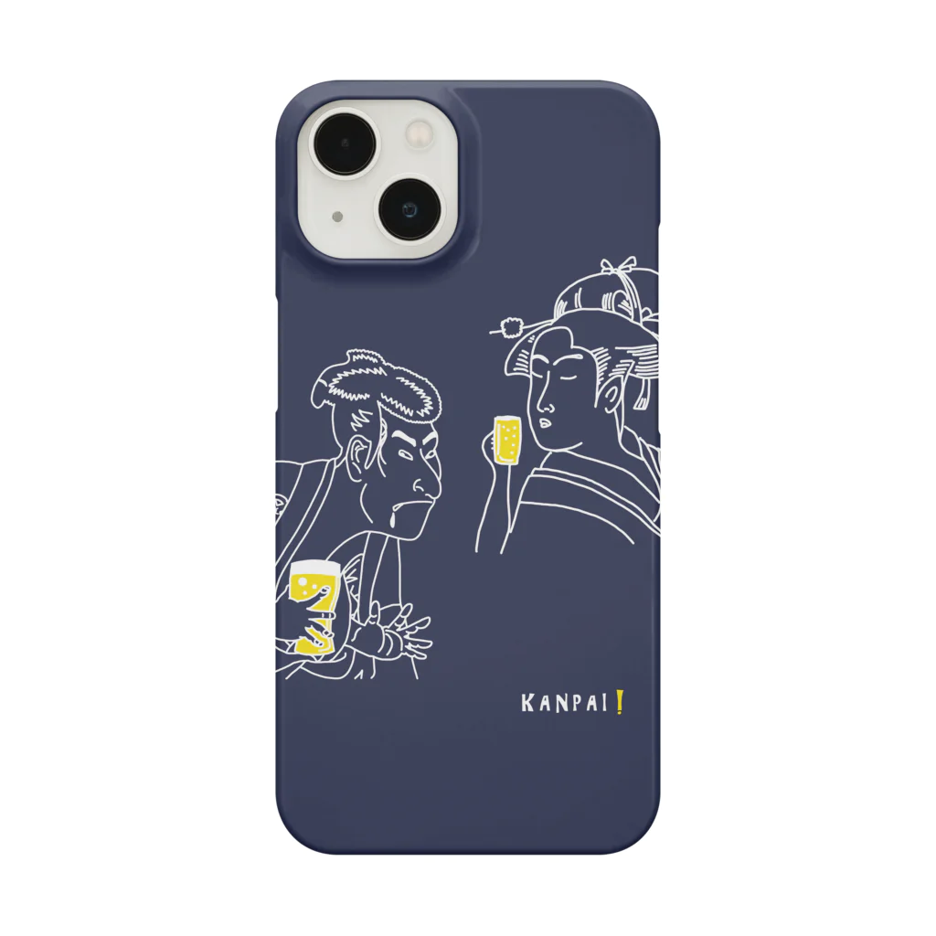 ビールとアート TM-3 Designの名画 × BEER（浮世絵男女）白線画-ネイビー iPhone Smartphone Case