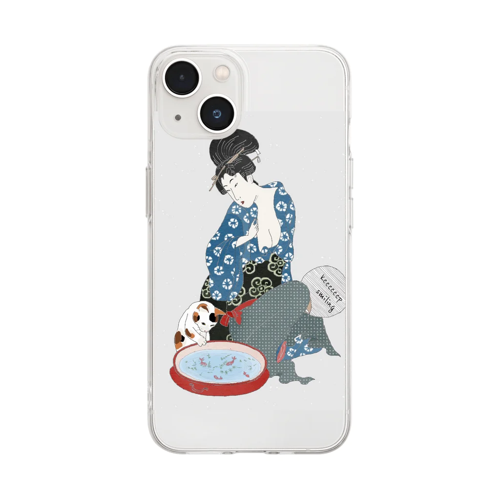 keeeeeep smilingの猫と金魚 Soft Clear Smartphone Case