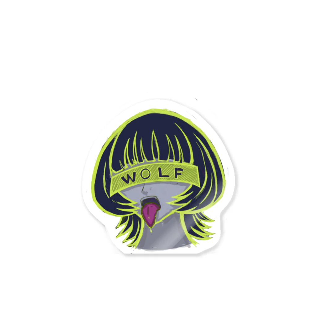 Asha＠シール屋さんのウルフちゃん　ネイビー×蛍光イエロー Sticker