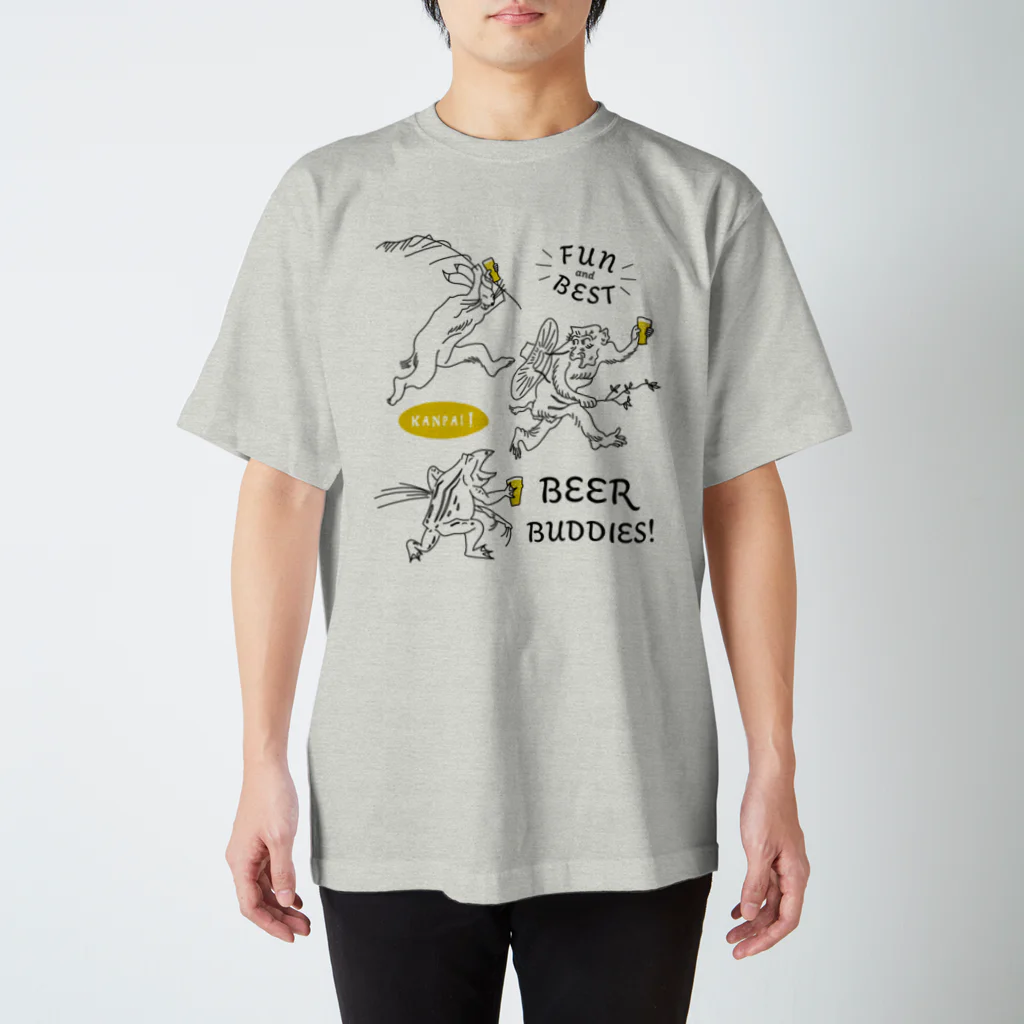 ビールとアート TM-3 Designの三匹の鳥獣戯画×BEER（愉快で最高なビール仲間！）/黒線画 Regular Fit T-Shirt