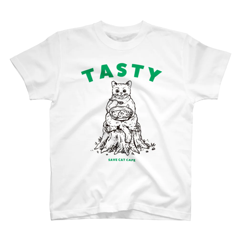SAVE CAT CAFEのねこカレー（モノクロ×グリーン） Regular Fit T-Shirt