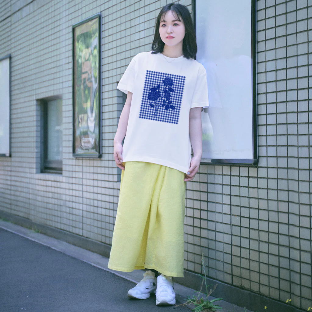 chabiのrose×gingham check/blue Regular Fit T-Shirt