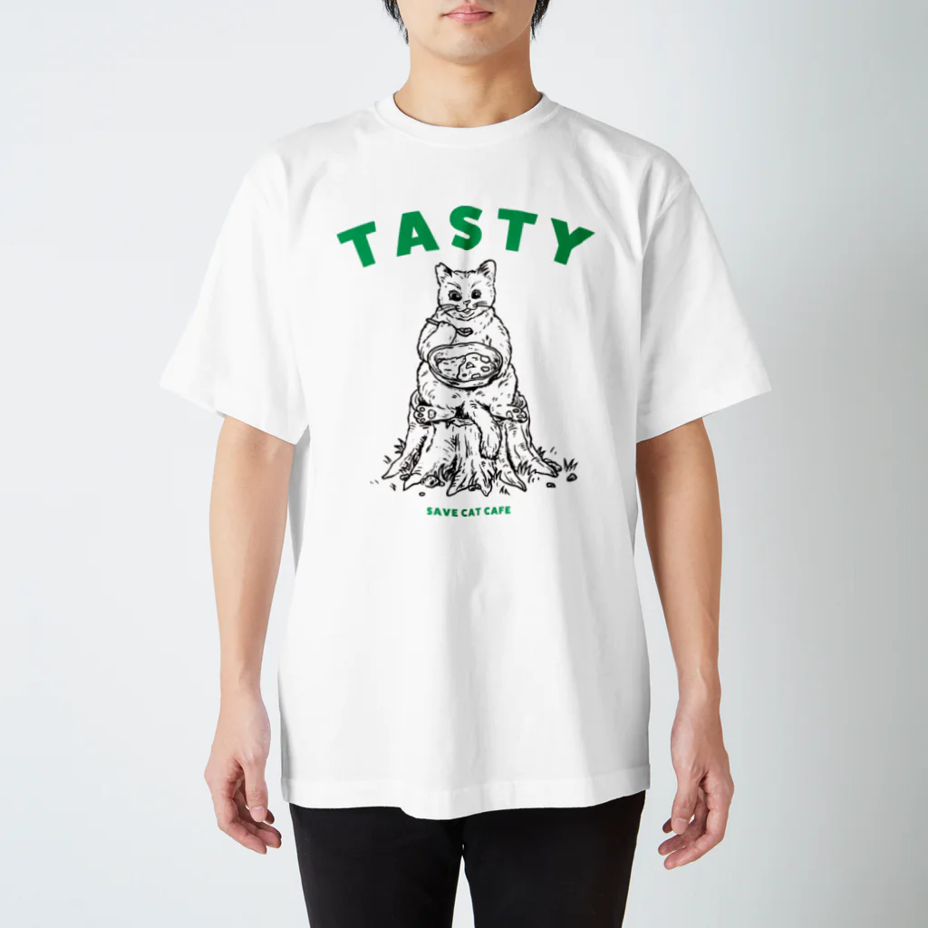 SAVE CAT CAFEのねこカレー（モノクロ×グリーン） Regular Fit T-Shirt