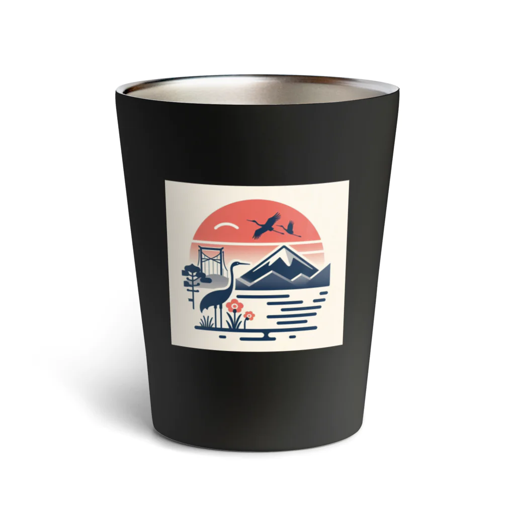 moontajの夕陽に映える鶴と富士 Thermo Tumbler