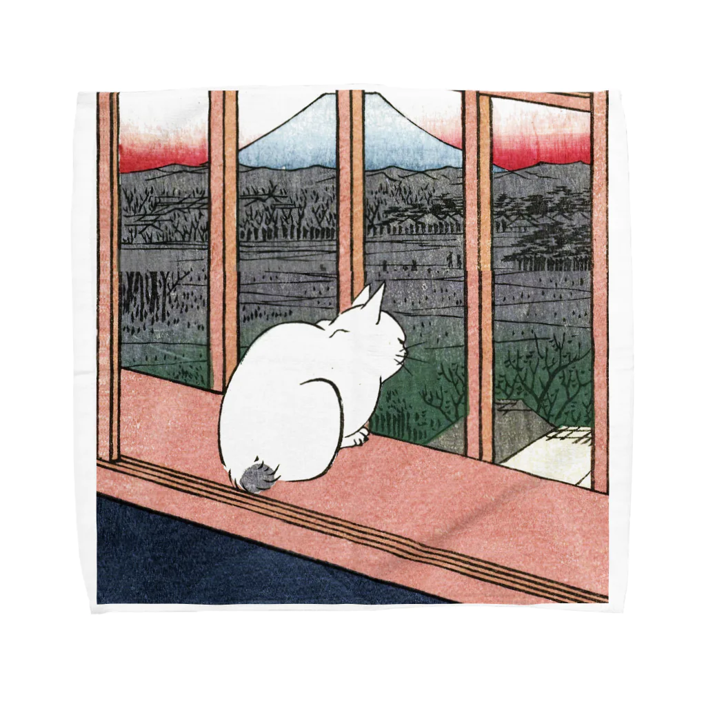 富士の見える窓辺の白猫さん( 歌川広重　浮世絵　切り抜き) タオルハンカチ