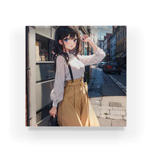 A young girl with blue hair. She is holding a black purse and looking up. A cute girl with blue hair,wearing a yellow sk Acrylic Block