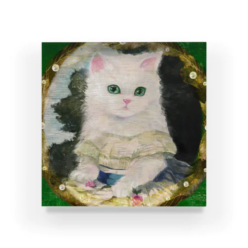 ドレスを着た白い子猫のアンティーク風肖像画 Acrylic Block