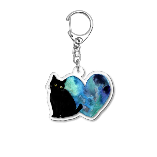 青いハートと黒猫 Acrylic Key Chain