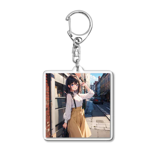 A young girl with blue hair. She is holding a black purse and looking up. A cute girl with blue hair,wearing a yellow sk Acrylic Key Chain