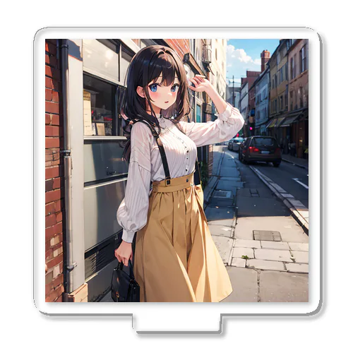 A young girl with blue hair. She is holding a black purse and looking up. A cute girl with blue hair,wearing a yellow sk Acrylic Stand