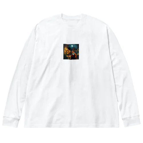 夜のカフェテラスで本を読むキツネの絵 Big Long Sleeve T-Shirt