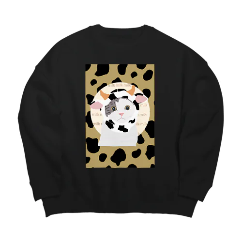 牛柄のネコ 茶 Big Crew Neck Sweatshirt