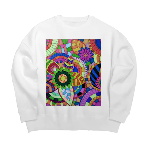 障害者アート 手描きイラスト 曼荼羅 花 カラフル Big Crew Neck Sweatshirt