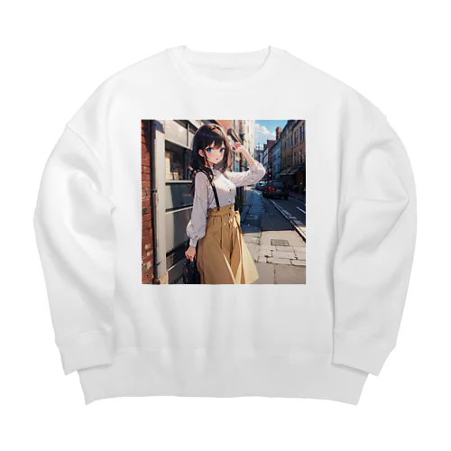 A young girl with blue hair. She is holding a black purse and looking up. A cute girl with blue hair,wearing a yellow sk Big Crew Neck Sweatshirt