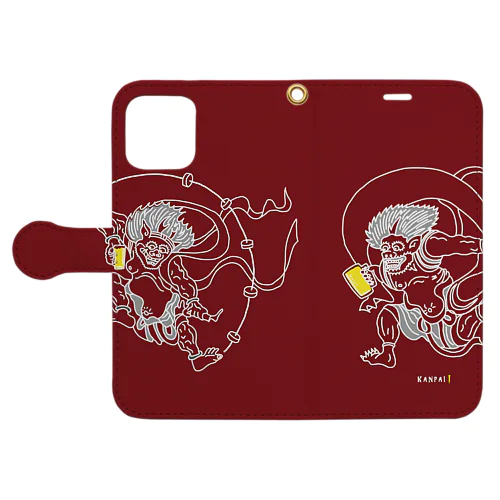 名画 × BEER（風神雷神）白線画-レッド Book-Style Smartphone Case