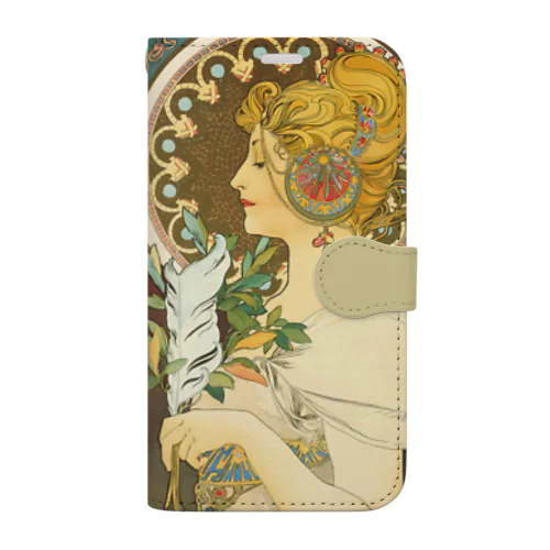 ミュシャ 桜草と羽根 手帳型スマホケース 人気おしゃれ絵画iPhoneケース Book-Style Smartphone Case