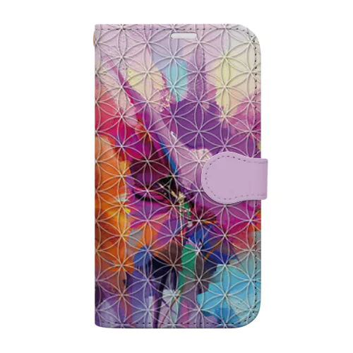フラワーオブライフ【幸運、運気アップ】iPhoneケース、芸術的カラフル花柄 Book-Style Smartphone Case
