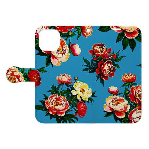 【青】レトロな台湾花布風牡丹 Book-Style Smartphone Case