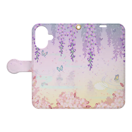 大人カワイイ藤桜と蝶の和風手帳型スマホケース★月白色 Book-Style Smartphone Case